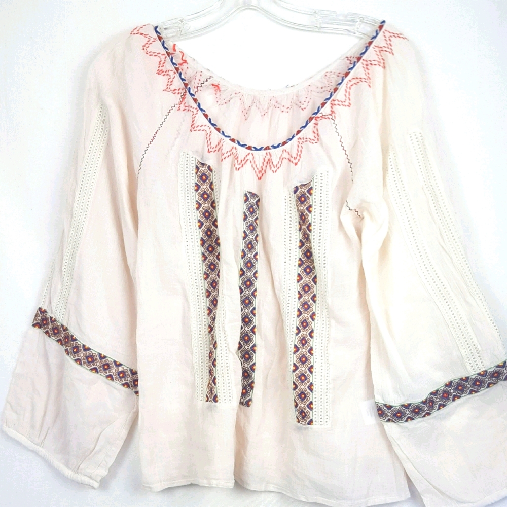 Joie Embroidered Gauzy Long Sleeve Peasant Top S